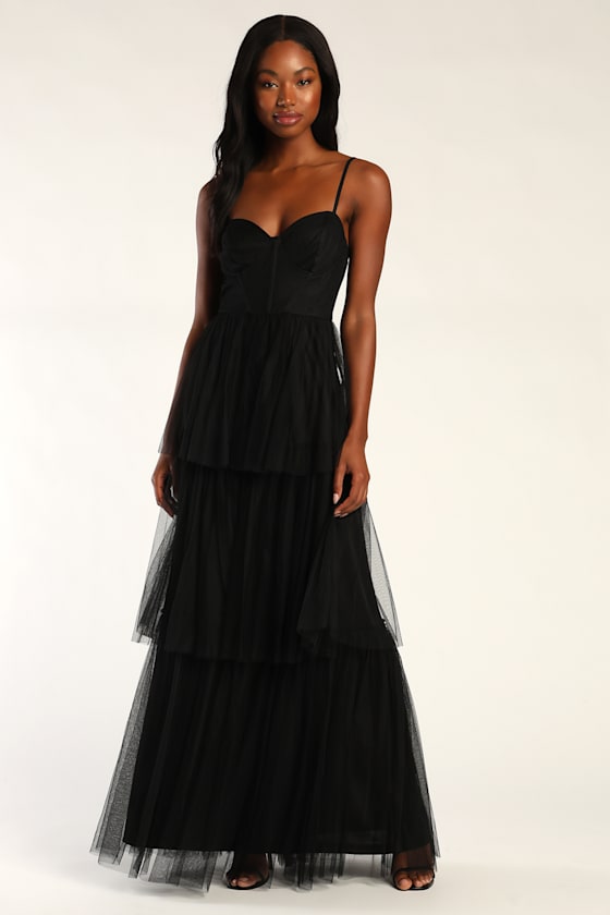 Tulle-y Amazing Black Tulle Sleeveless Bustier Maxi Dress #Color_Black