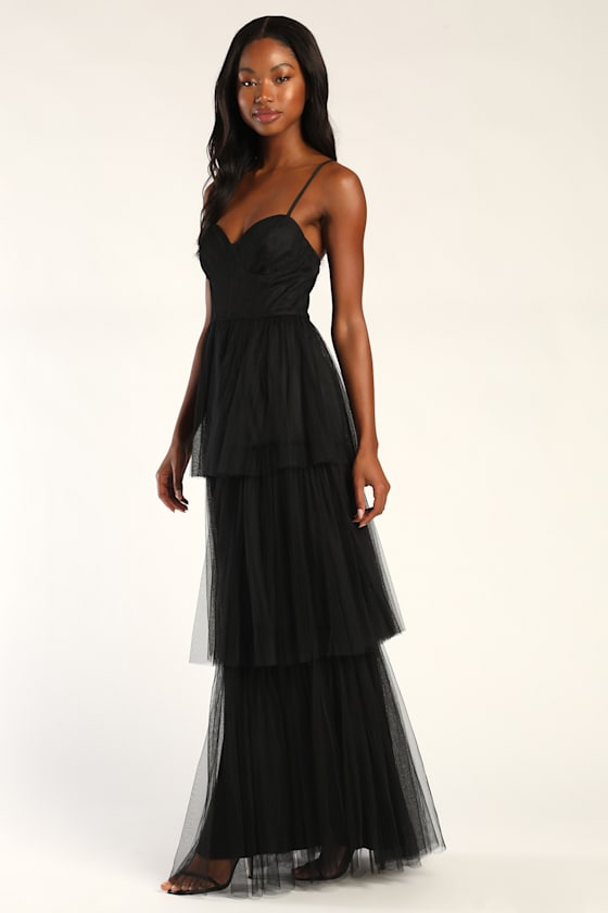 Tulle-y Amazing Black Tulle Sleeveless Bustier Maxi Dress #Color_Black