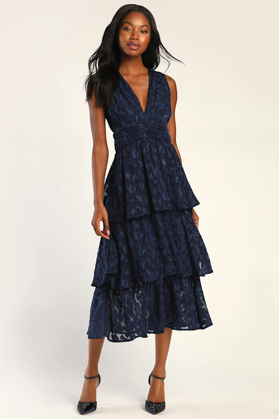 Make It Mesmerizing Navy Blue Jacquard Tiered Midi Dress #Color_Navy Blue