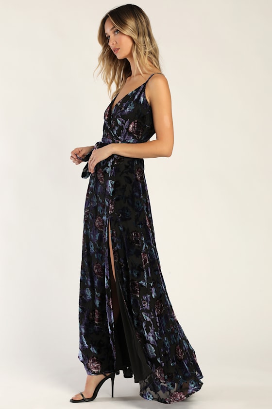 Pretty Companion Black Floral Velvet Burnout Maxi Dress #Color_Black Floral