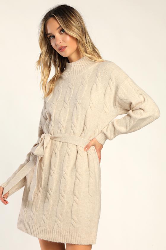 Warmed Up To You Cream Cable Knit Mock Neck Sweater Dress #Color_Cream