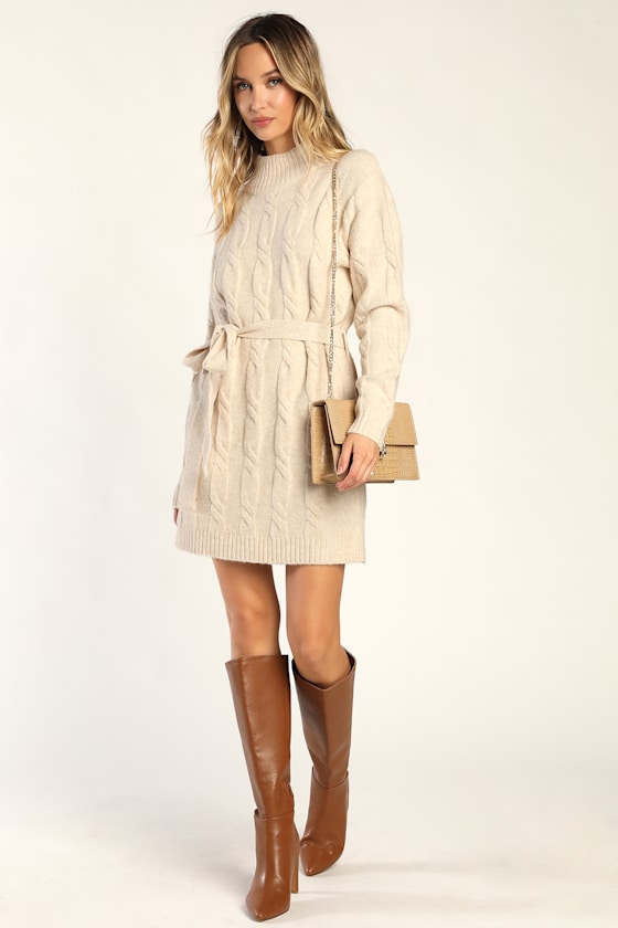 Warmed Up To You Cream Cable Knit Mock Neck Sweater Dress #Color_Cream