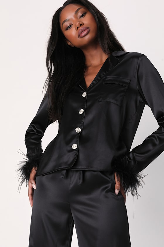 Dreamiest Delight White Satin Feather Two-Piece Pajama Set #Color_Black