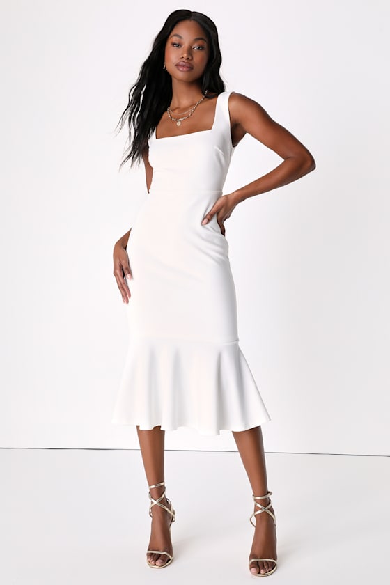 Moment Maker Cobalt Blue Square Neck Trumpet Midi Dress #Color_White