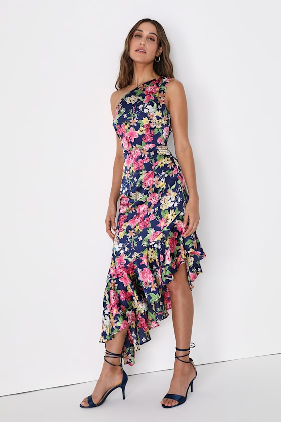Divinely Blooming Pink Multi Floral One-Shoulder Midi Dress #Color_Blue Multi Floral