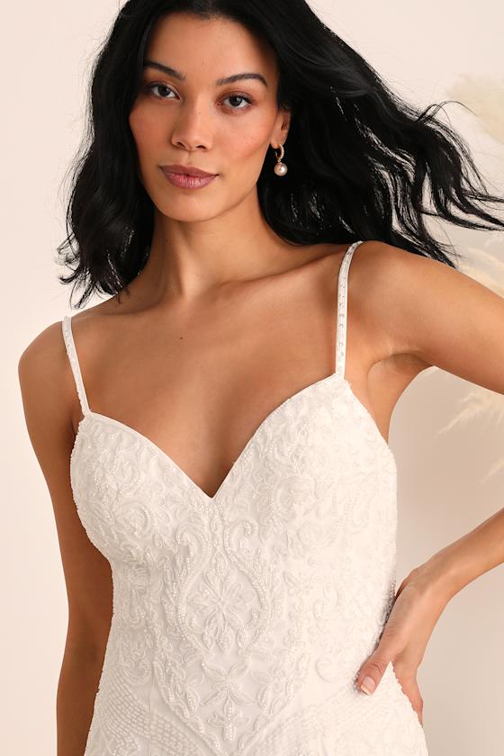 Dream Romance White Beaded Tulle Trumpet Maxi Dress