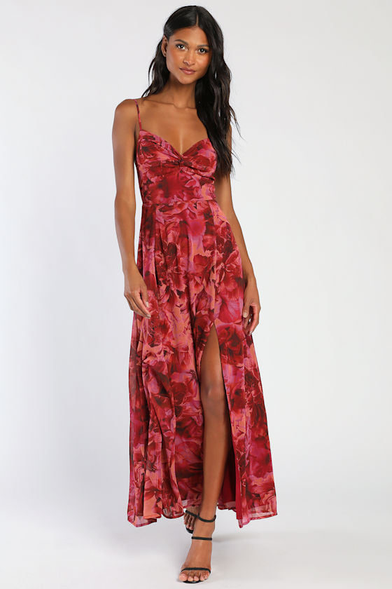 Beautiful Soul Burgundy Floral Print Twist-Front Maxi Dress #Color_Burgundy
